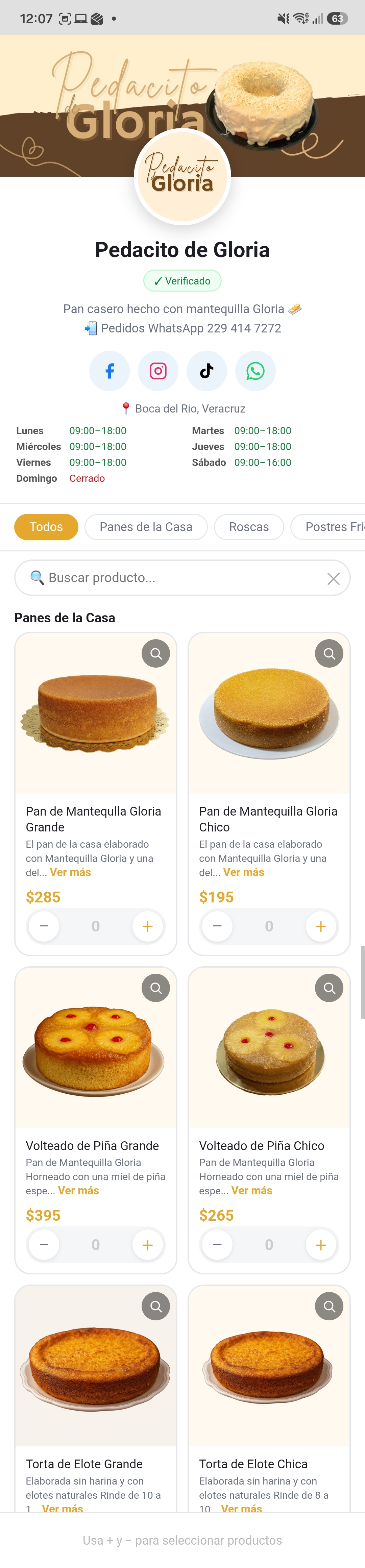 Catálogo real de Pedacito de Gloria — panadería artesanal en Veracruz