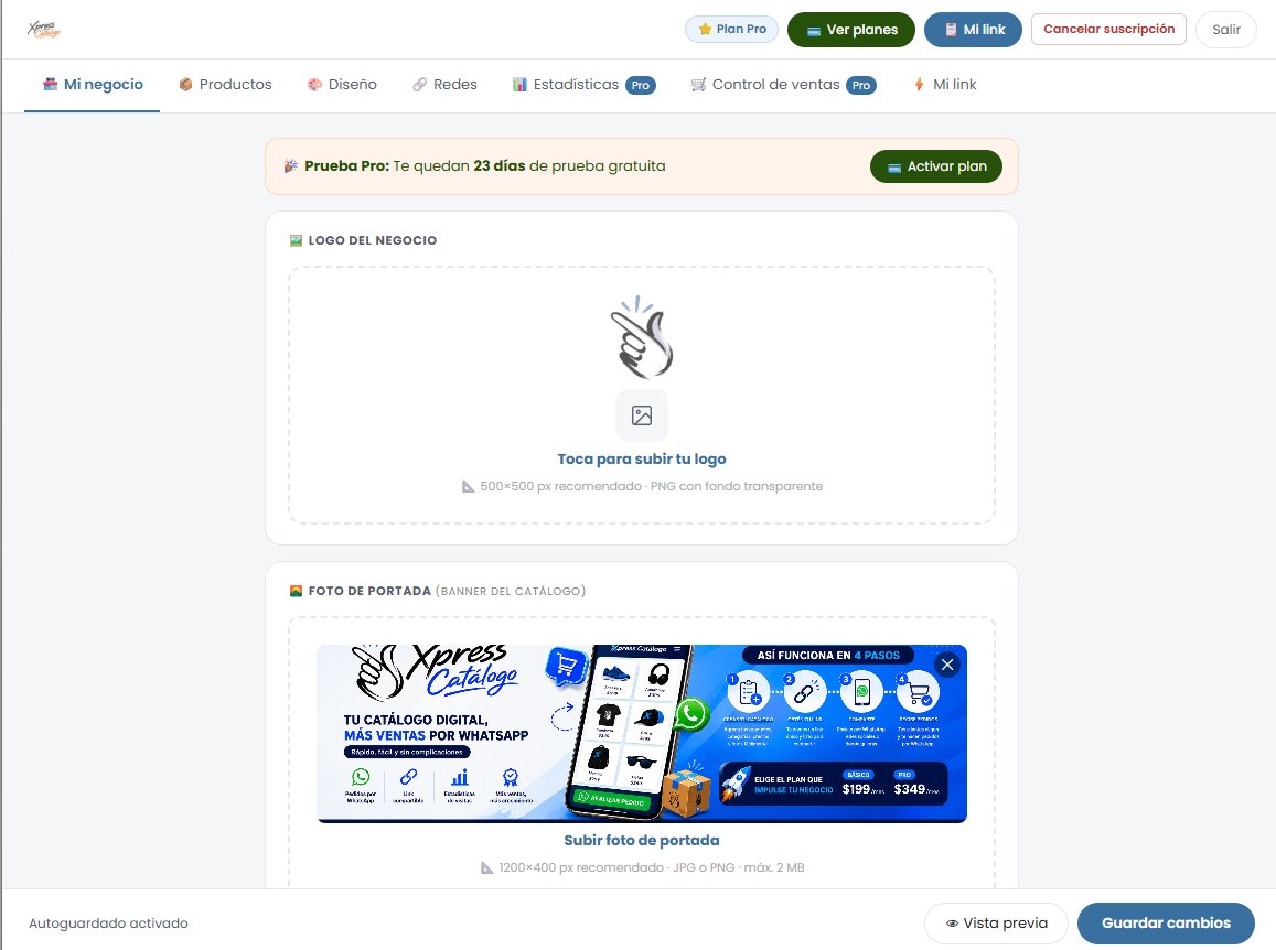 Panel de administración XpressCatalogo — sección Mi negocio