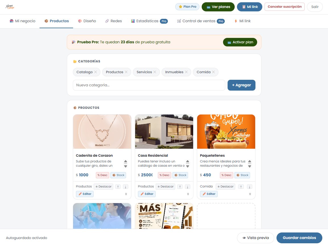 Panel de administración XpressCatalogo — sección Productos